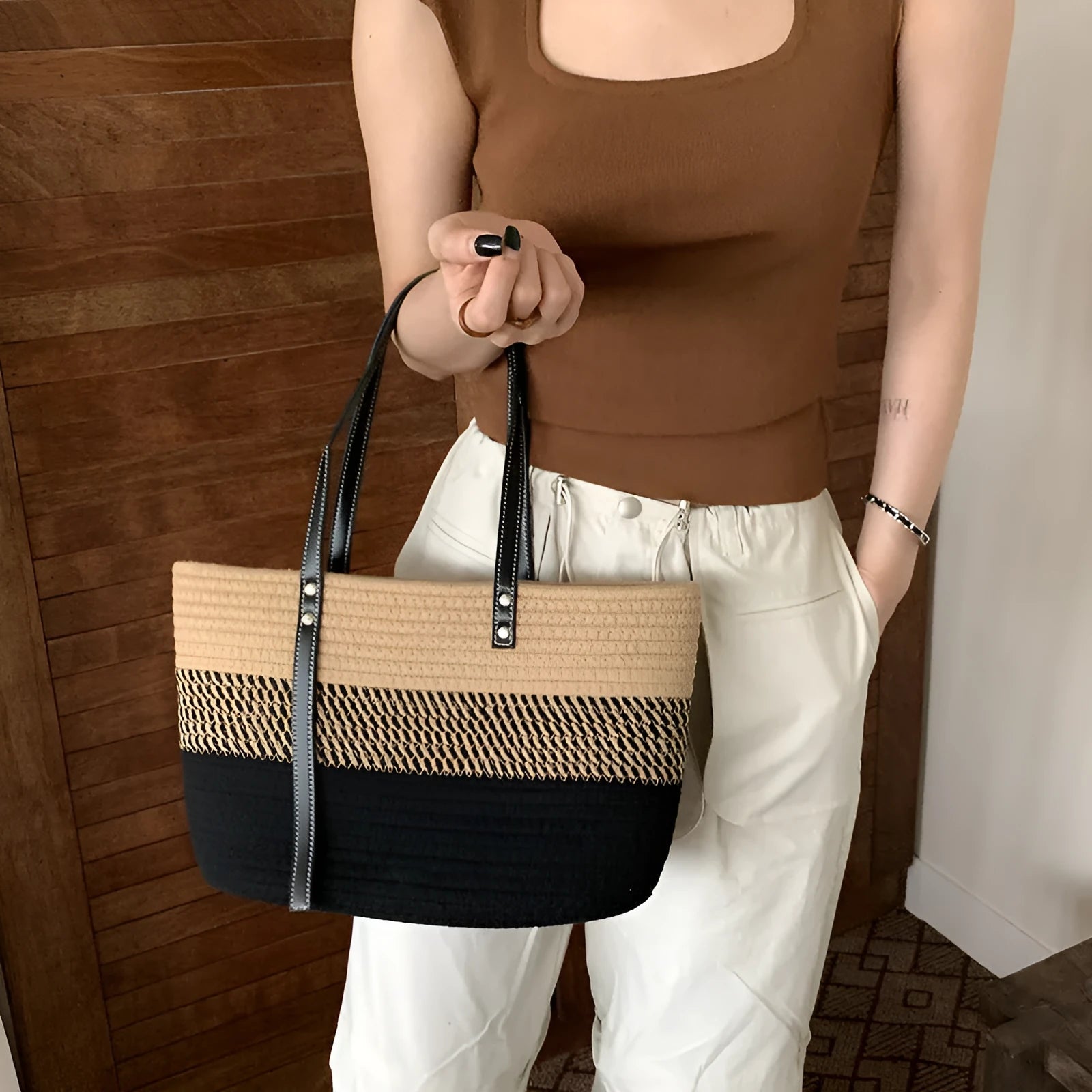 Hand woven cotton vegetable basket beach bag in khaki with double shoulder straps and contrast stitching