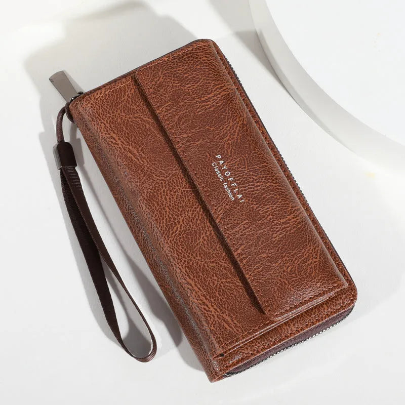 Men's black and brown PU wallet showing multiple card slots and cash compartment, closed.