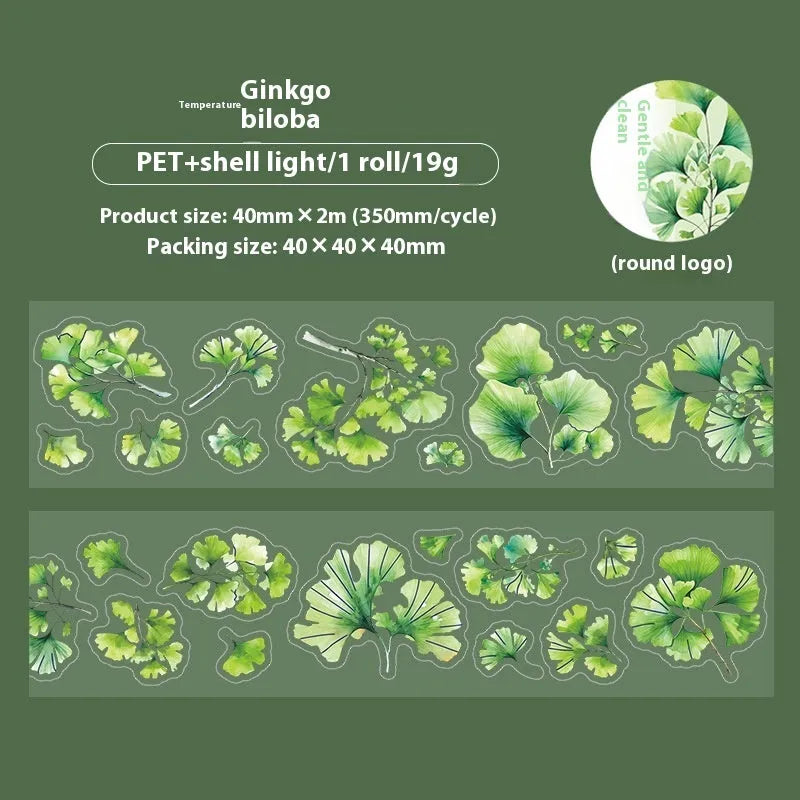 Roll of decorative leaf pattern stickers for hand account books showing six different natural designs including ginkgo and maple leaves