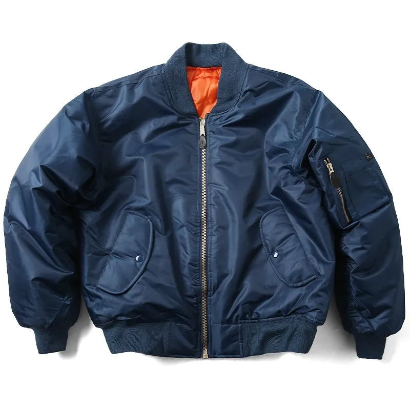 Men's olive green loose-fit cotton-padded pilot jacket with a zip front and workwear styling.