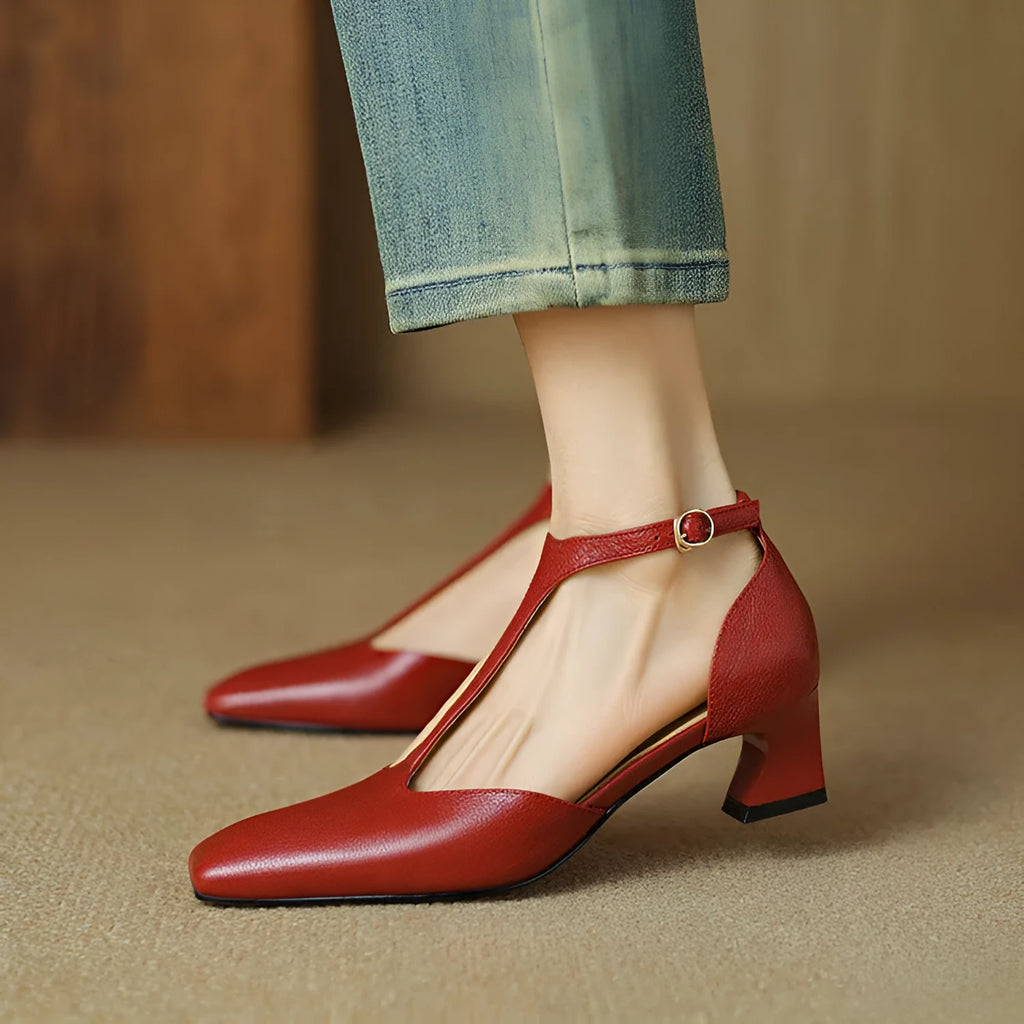 Wine red women's square toe chunky heel shoes made from sheepskin leather with a buckle strap.