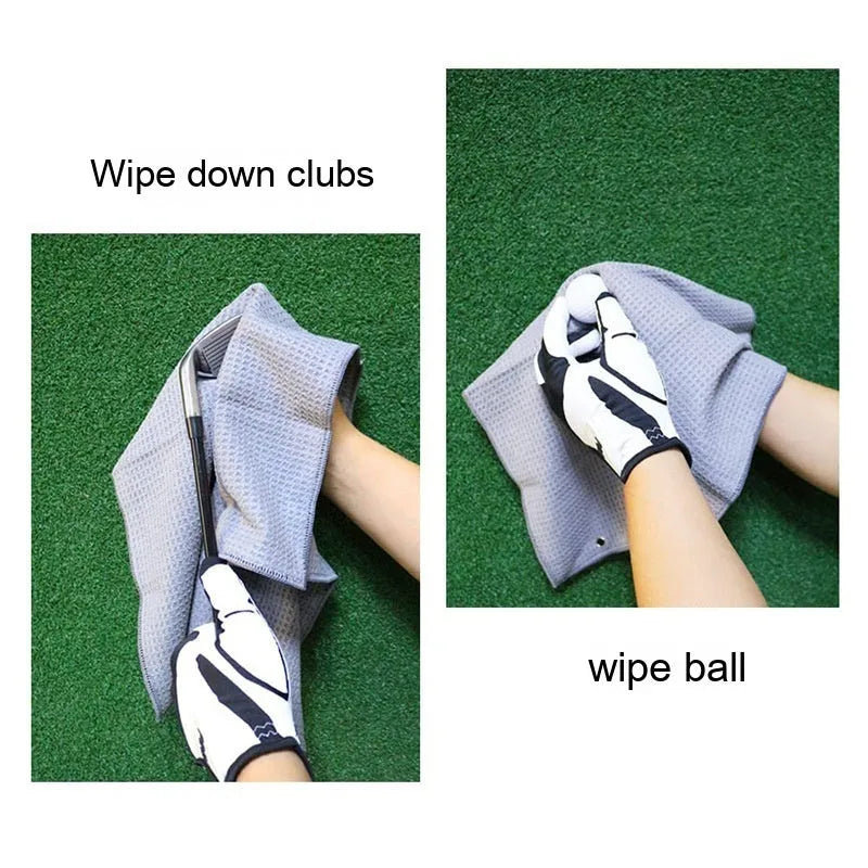 Waffle weave golf ball and club cleaning towel in blue colour showing textured surface