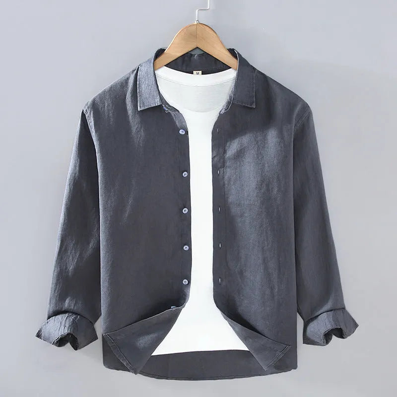 Men's pure linen long sleeve shirt in cardigan style, shown in a solid colour.