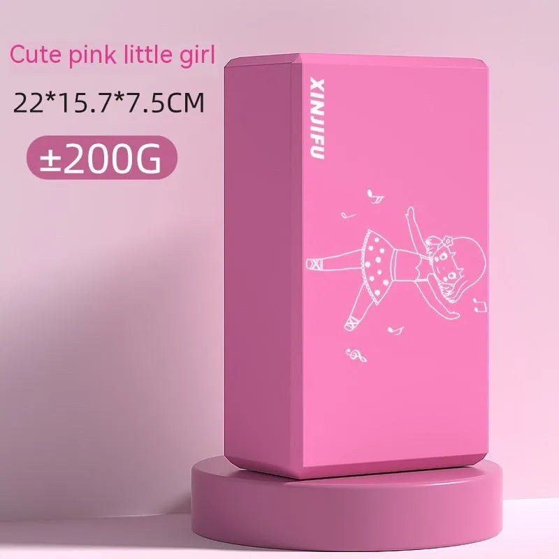 A high-density EVA yoga block in a choice of solid colours or printed designs, measuring 23cm by 15cm.