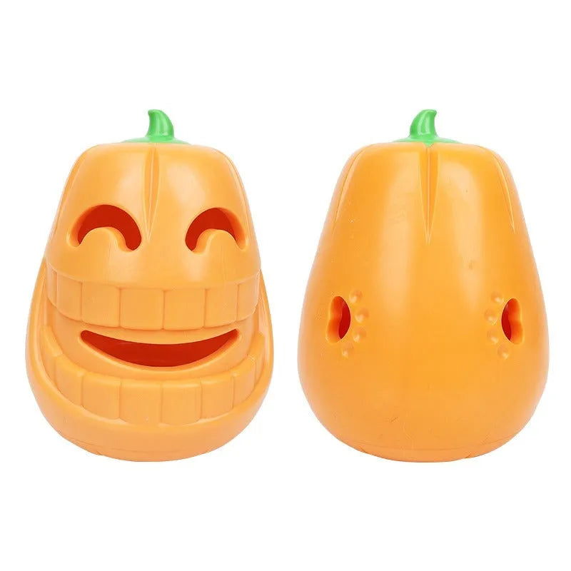 Orange pumpkin shaped interactive dog chew toy with treat dispensing funnel