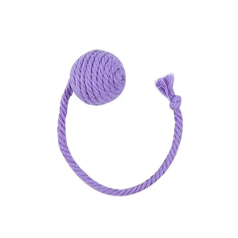 Interactive cat toy ball with rope and internal bell in green, pink, purple and yellow colours