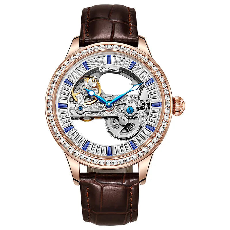 Men's rose gold stainless steel mechanical watch with business dial and onion crown.