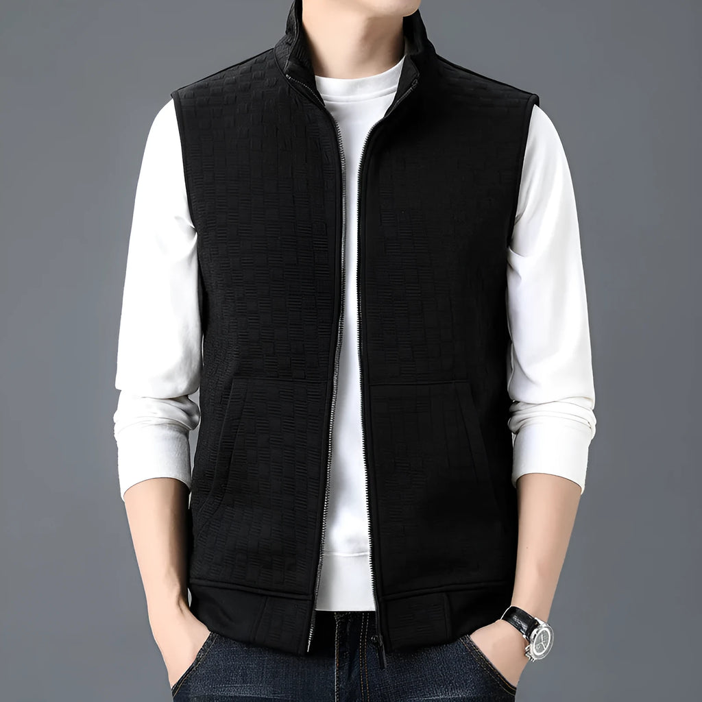 A man's casual sleeveless vest waistcoat in a polyester blend fabric, shown in grey.