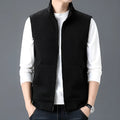 A man's casual sleeveless vest waistcoat in a polyester blend fabric, shown in grey.