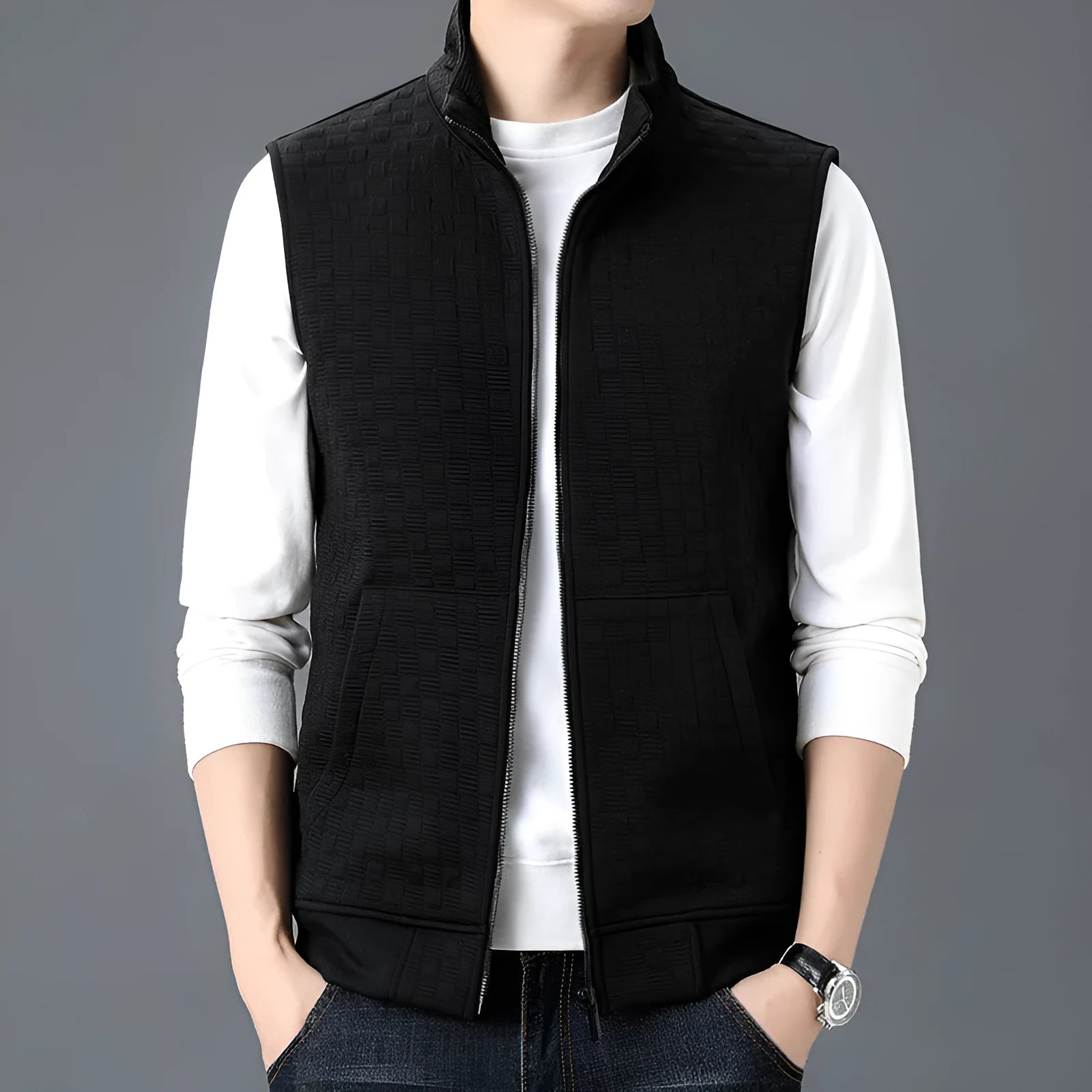 A man's casual sleeveless vest waistcoat in a polyester blend fabric, shown in grey.
