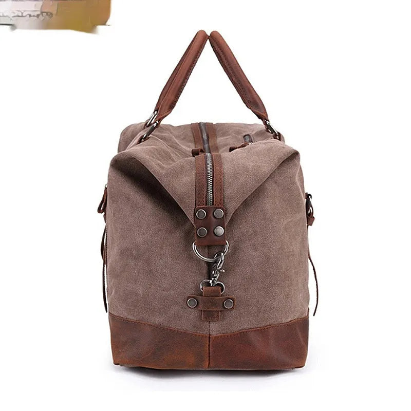 Canvas travel messenger shoulder bag with Crazy Horse leather trim, large capacity 36-55L, retro style, khaki colour