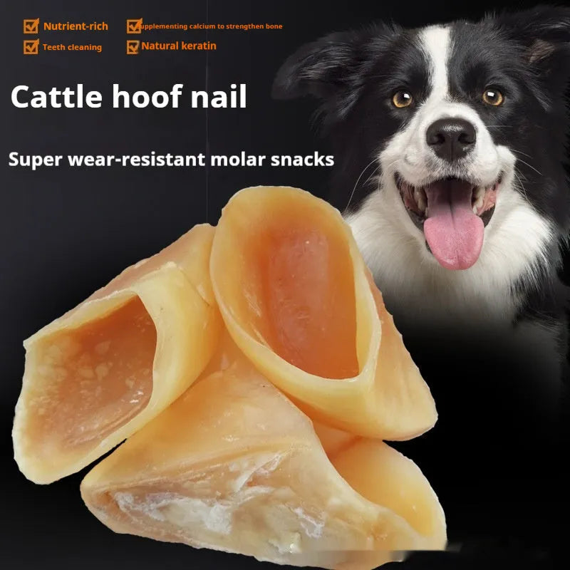 Natural cowhide anti-bite dog chewing rod in hoof shell colour, shown in small and large sizes.