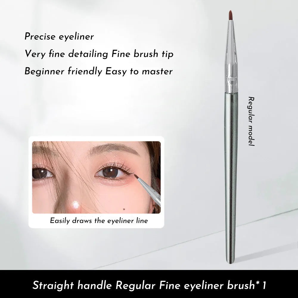 Angled bend head fine tip synthetic eyeliner brush for under eye concealer and detail work.