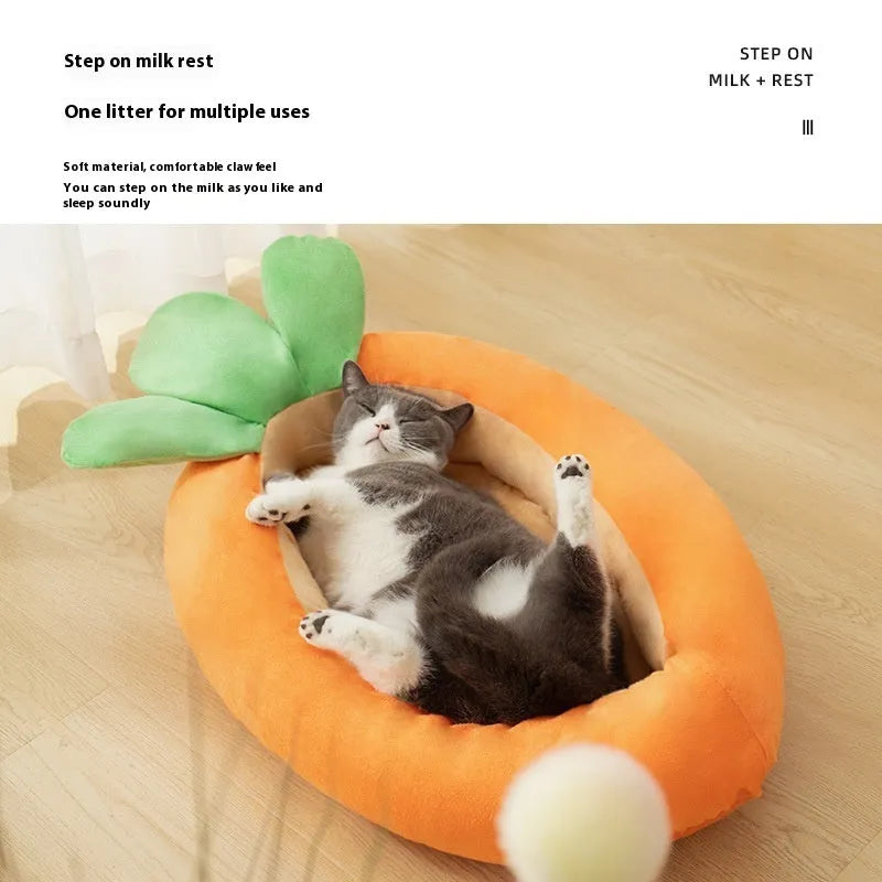Orange carrot-shaped removable pet mattress for dogs on grey background