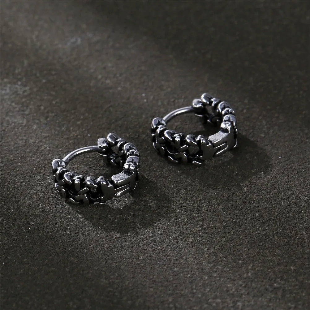 Men's geometric copper hip hop earrings in silver and cloud styles, showing 10mm and 14mm sizes.