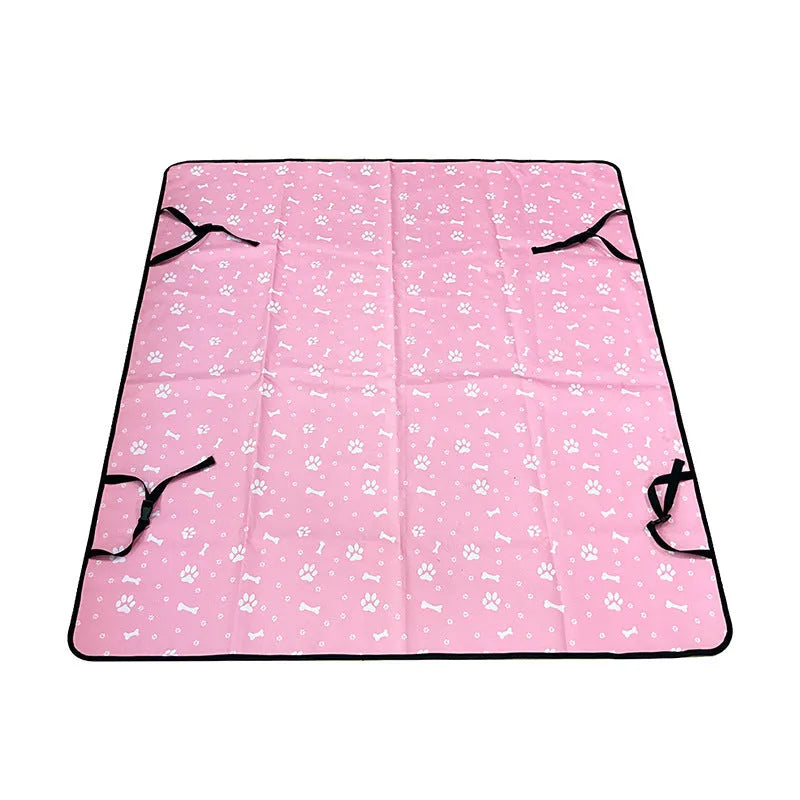 Cloth car pet mat for rear seat protection, shown in a dog bone print design on a grey background.