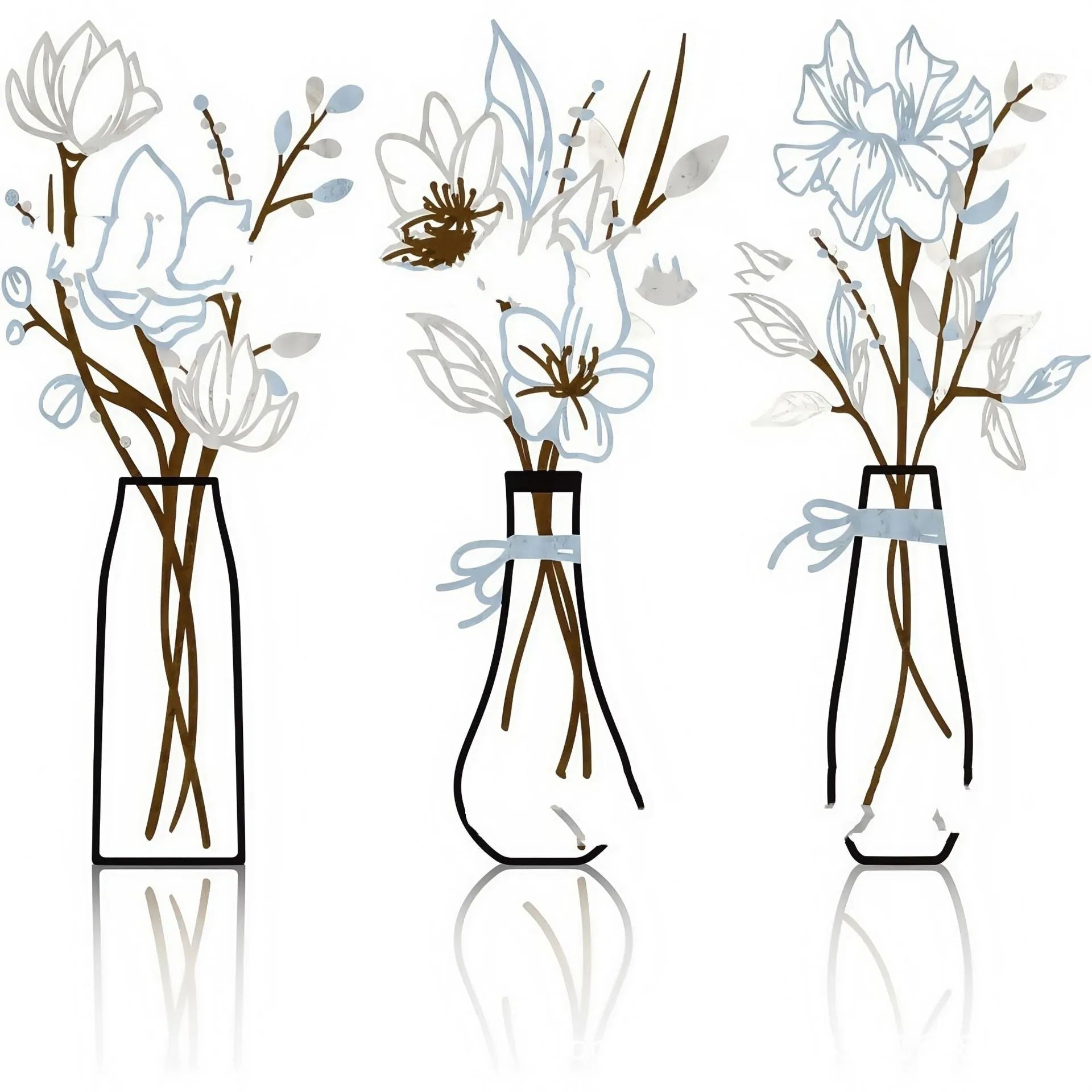 Three metal flower wall art pieces in colourful vase designs for farmhouse decoration