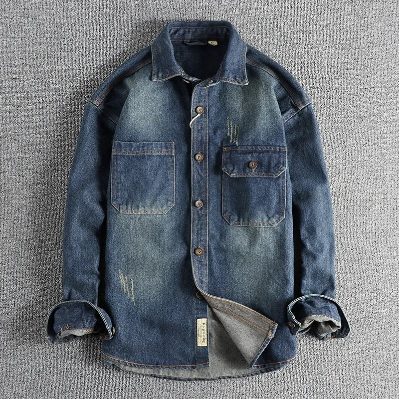 Men's light blue loose fit vintage denim shirt with long sleeves and cardigan style