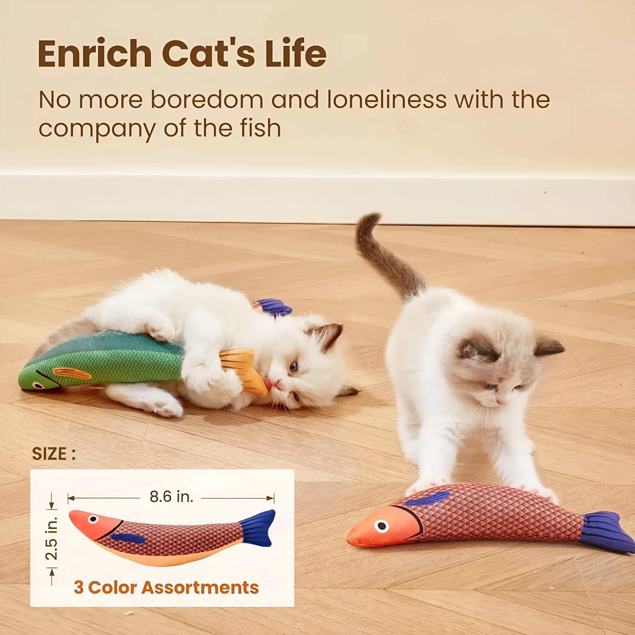 Soft plush fish-shaped cat toy with organic catnip filling in green, orange, or yellow colours