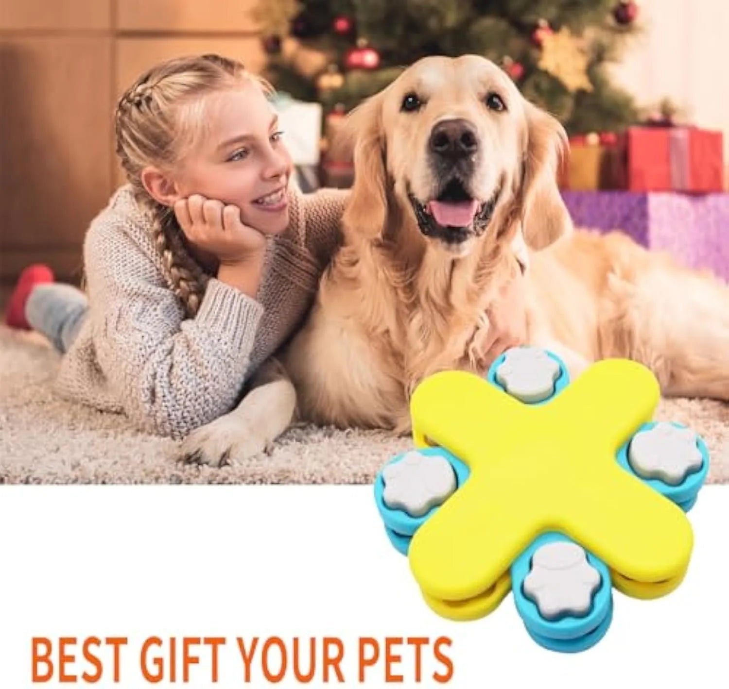 Yellow three-layer rotating dog puzzle feeder toy with anti-slip base for interactive slow feeding