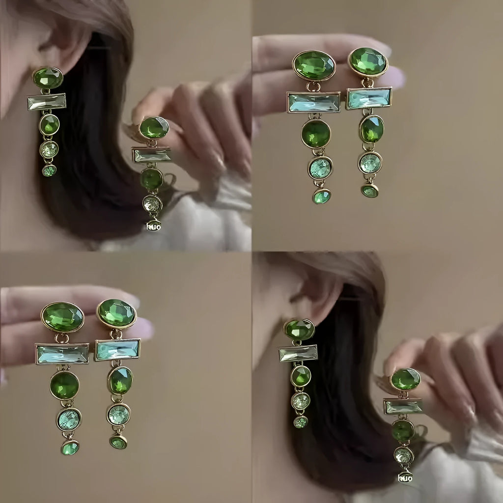 Green gradient geometric Chinese style earrings with tassel design and zircon decoration