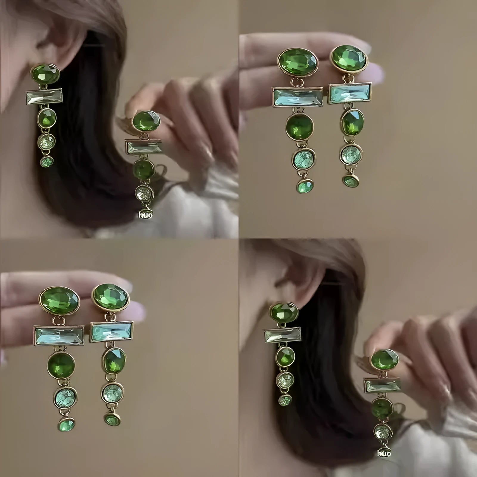 Green gradient geometric Chinese style earrings with tassel design and zircon decoration