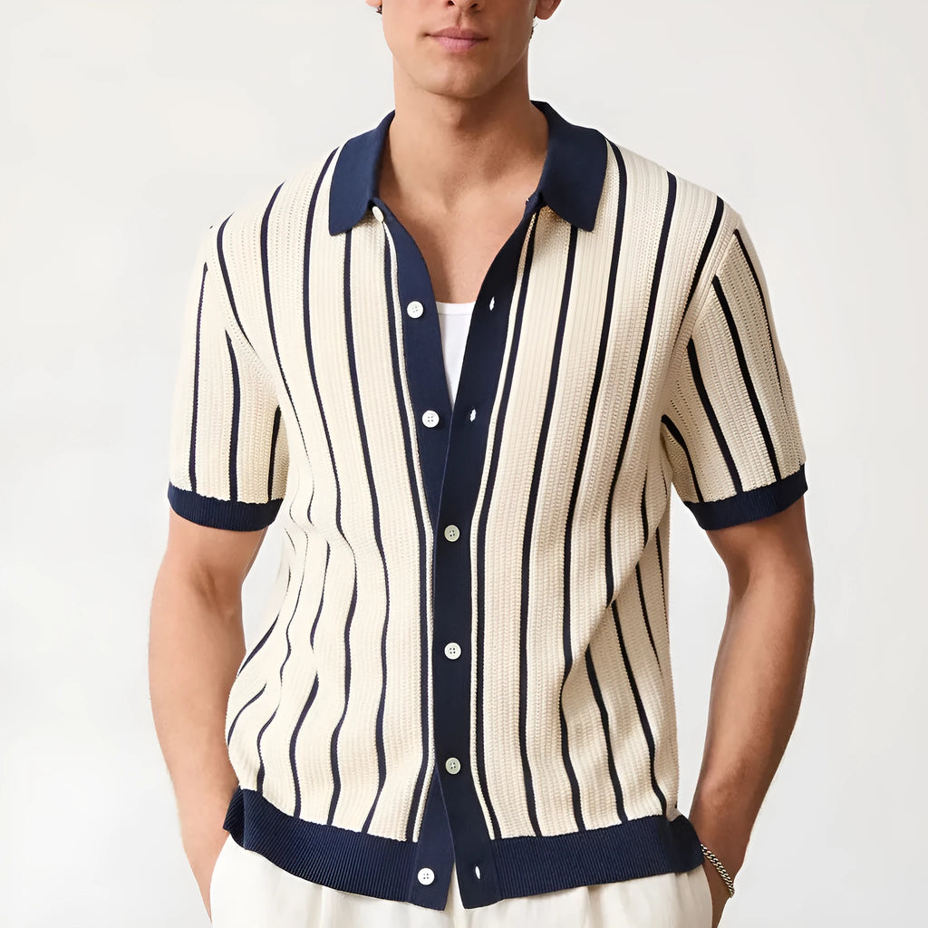Men's white lapel knitted polo shirt with asymmetric design and short sleeves
