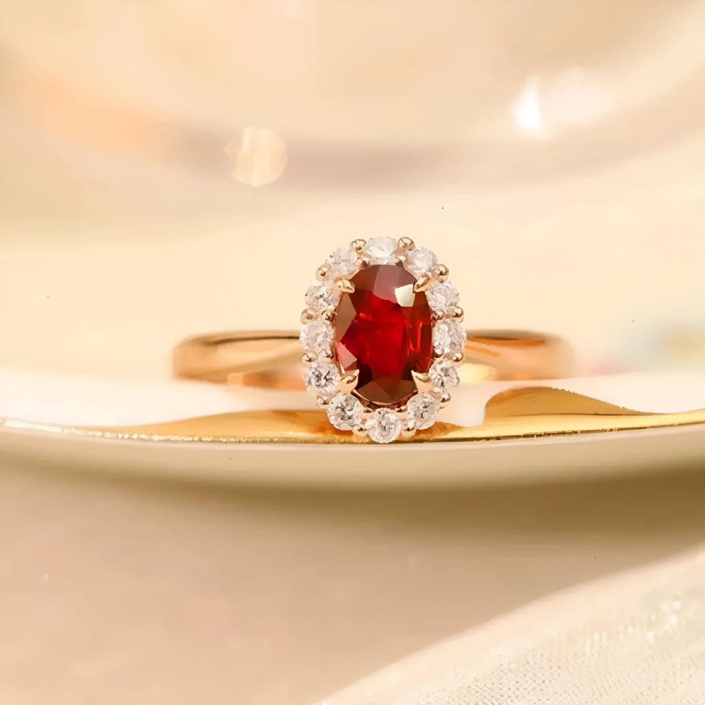 Gold pigeon red blood gemstone sterling silver inlaid ring with floral pattern design for women