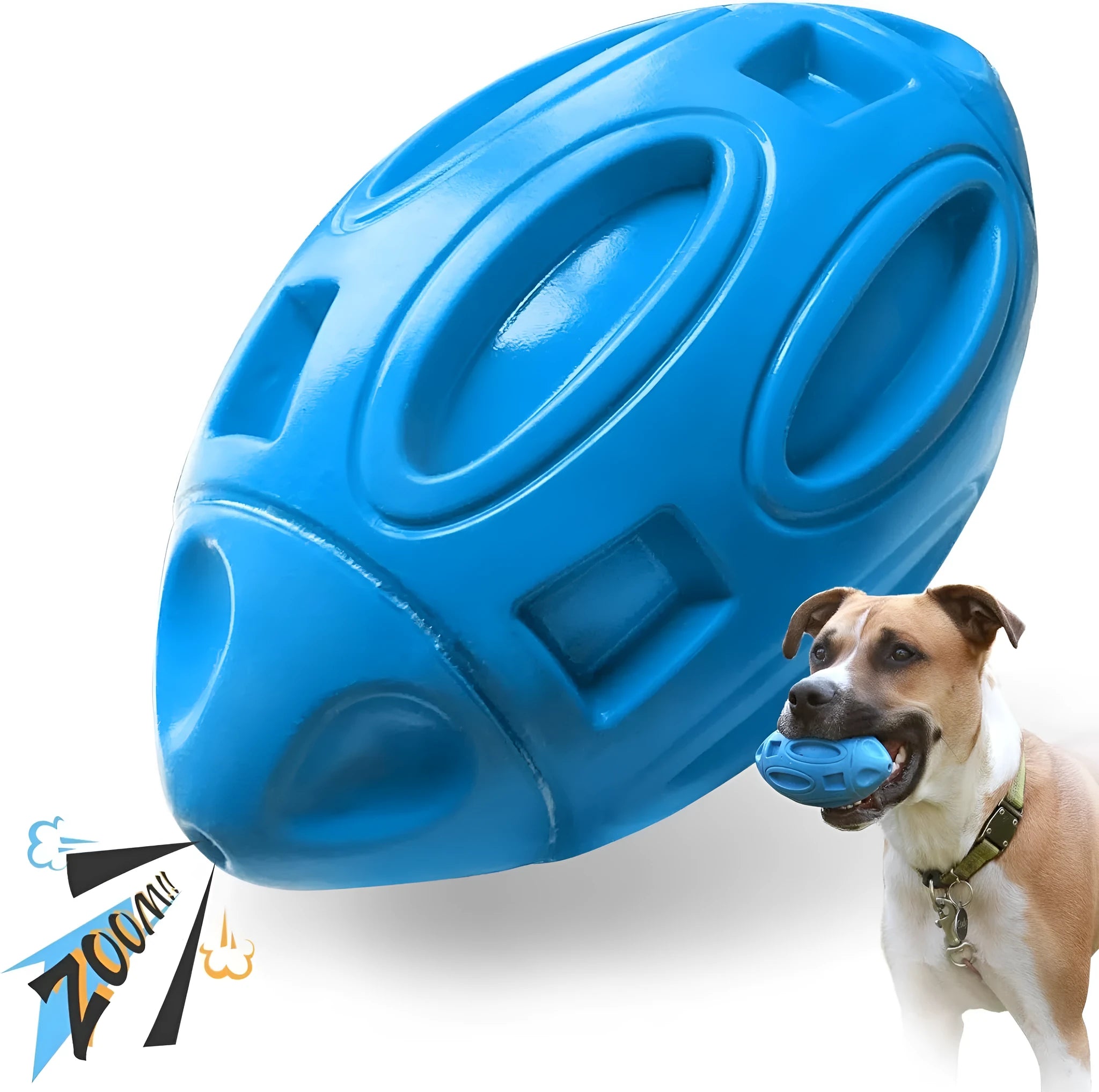 Blue green orange rubber squeaky chew ball dog toy with surface grooves for medium large breed aggressive chewers