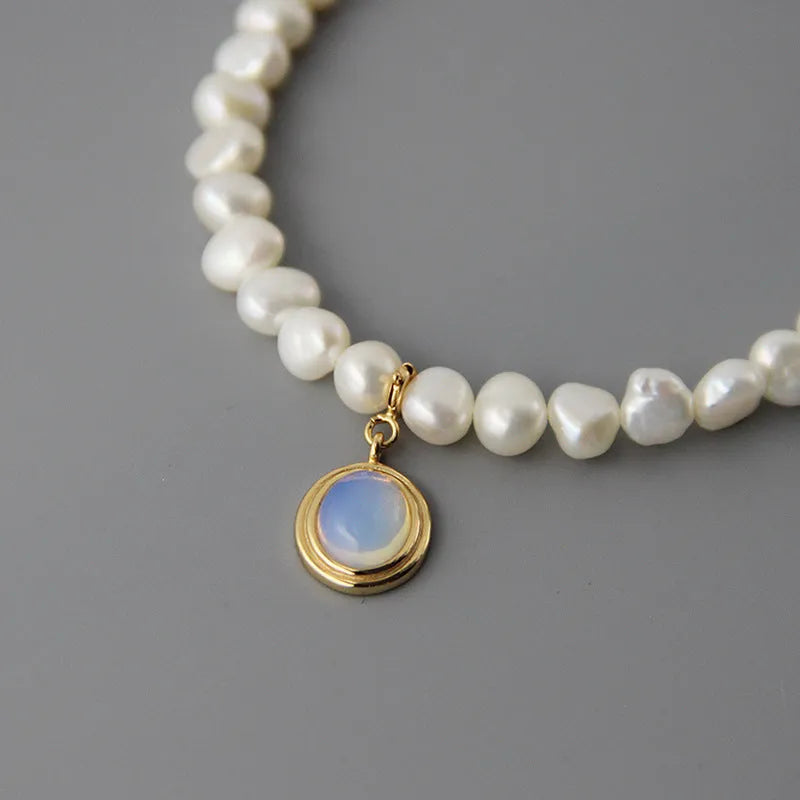 925 sterling silver round medal pearl necklace with geometric design on adjustable chain