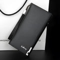 Men's black PU leather wallet with a long silver zip closure, shown open.