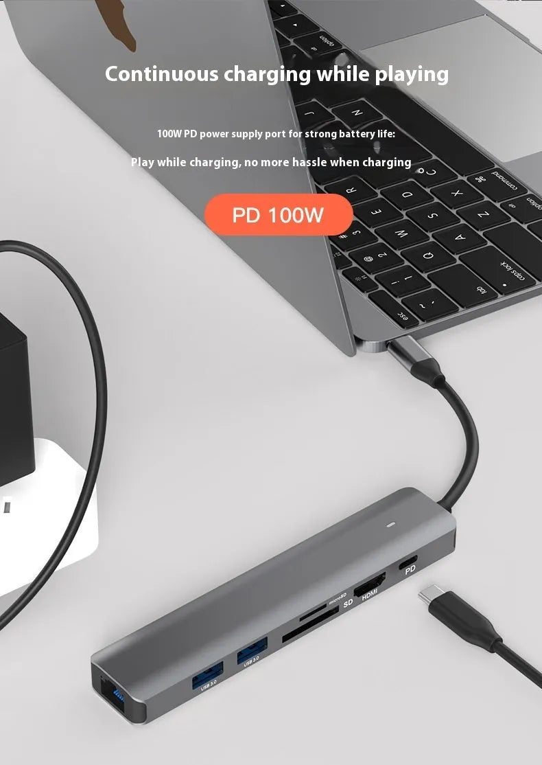 LQT-LH07 7-in-1 USB-C hub with card reader slots and multiple ports on a dark background.