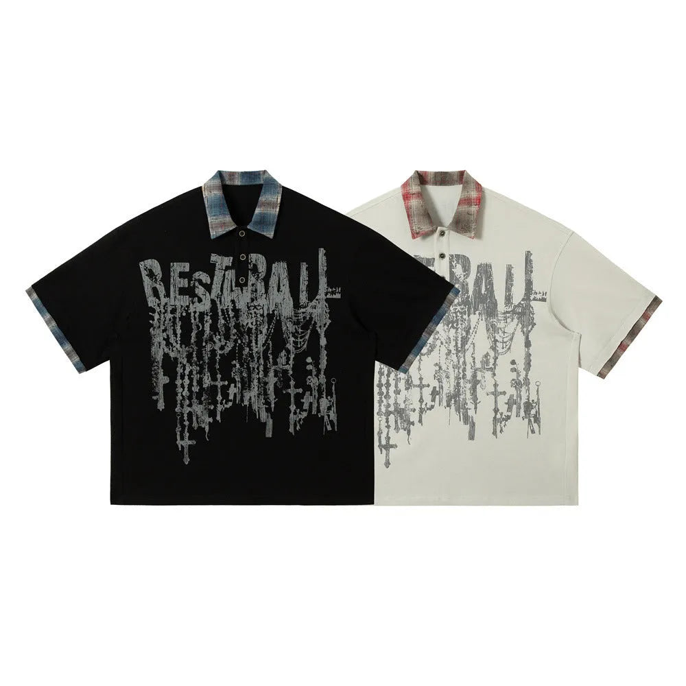 Men's cotton streetwear top with asymmetric lapel graffiti printing in loose fit