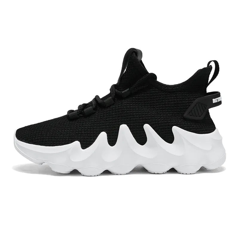 Men's black sock-like low-top lace-up shoes with round toe and flat rubber sole on white background