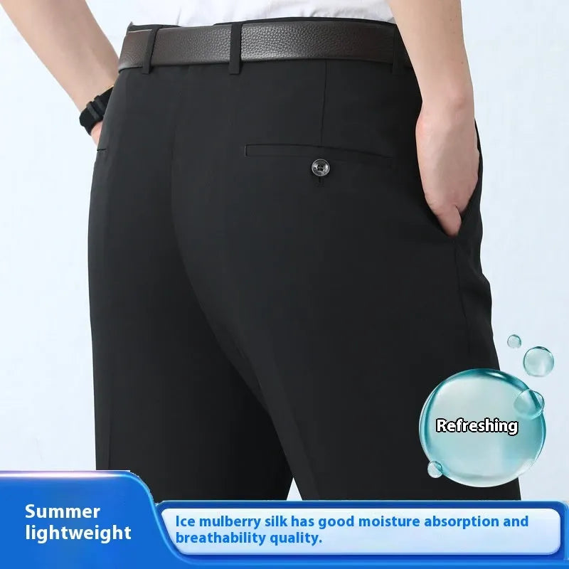 Men's straight-leg business trousers with high waist in mulberry silk blend fabric