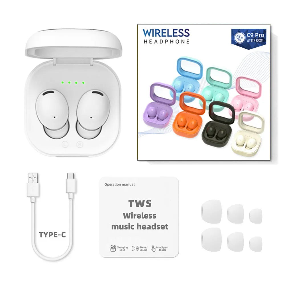 C9 Pro Bluetooth headset with translucent charging bin in a colour option