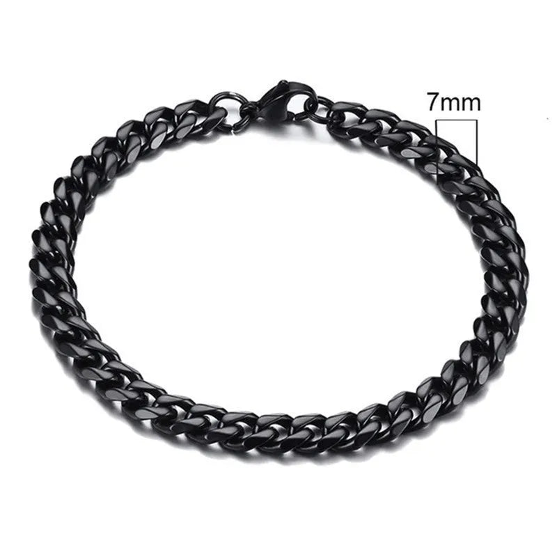 Gold six-sided Cuban link metal bracelet shown in various widths and colour options.
