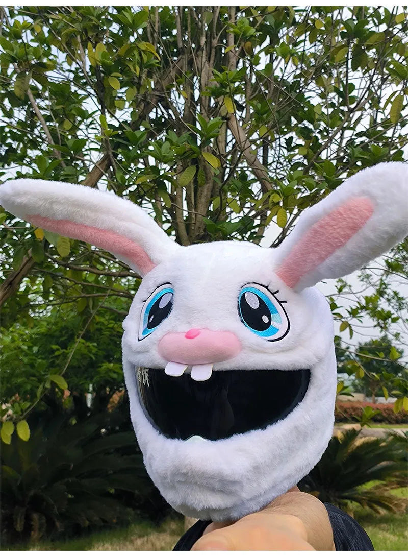 White plush rabbit head decorative cover on a motorcycle helmet for electric scooter commuting