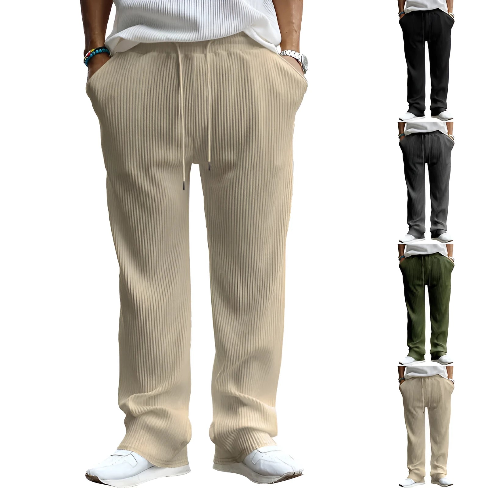 Men's straight-leg casual trousers in Army Green colour, showing high waist and loose fit.