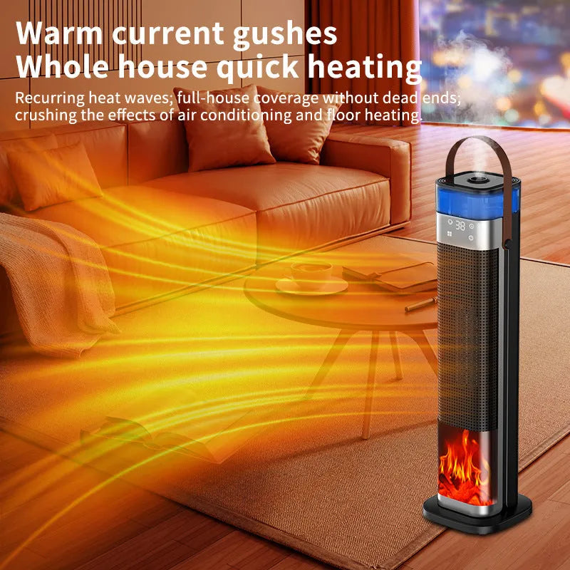 Vertical tower heater with humidification function and remote control, white casing.