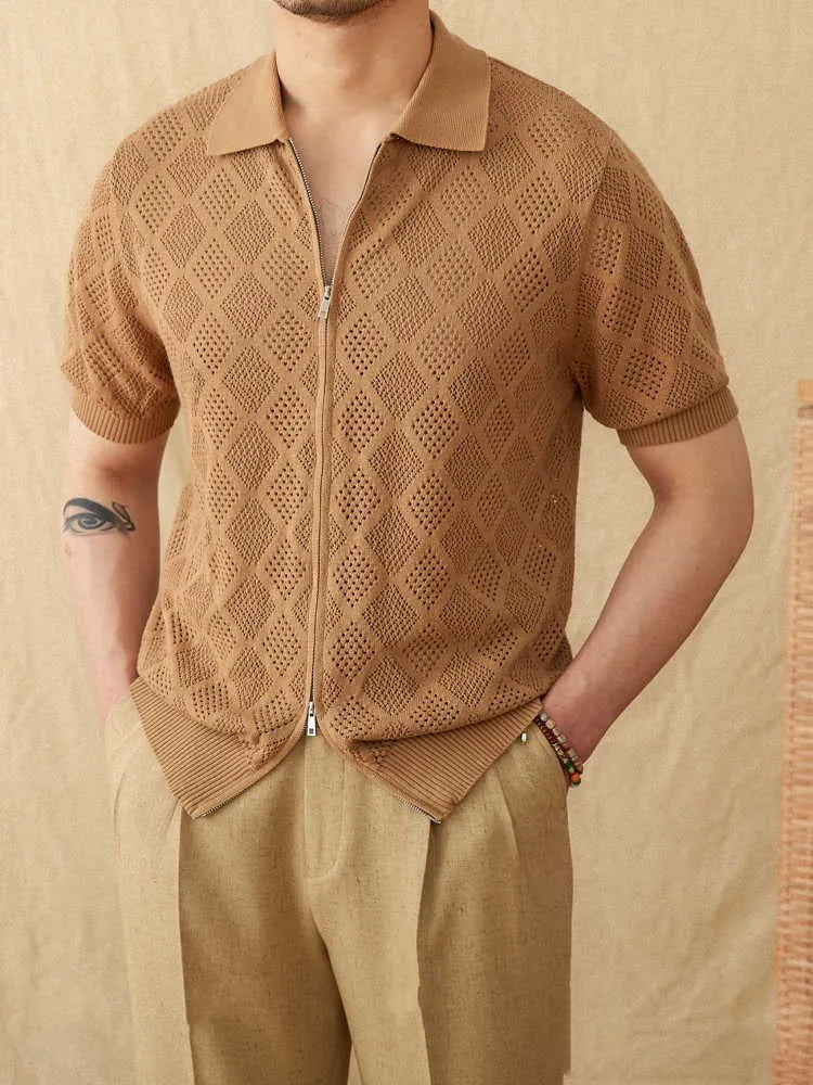 Light coffee coloured cotton cardigan with zip front closure and lapel collar showing short sleeve design