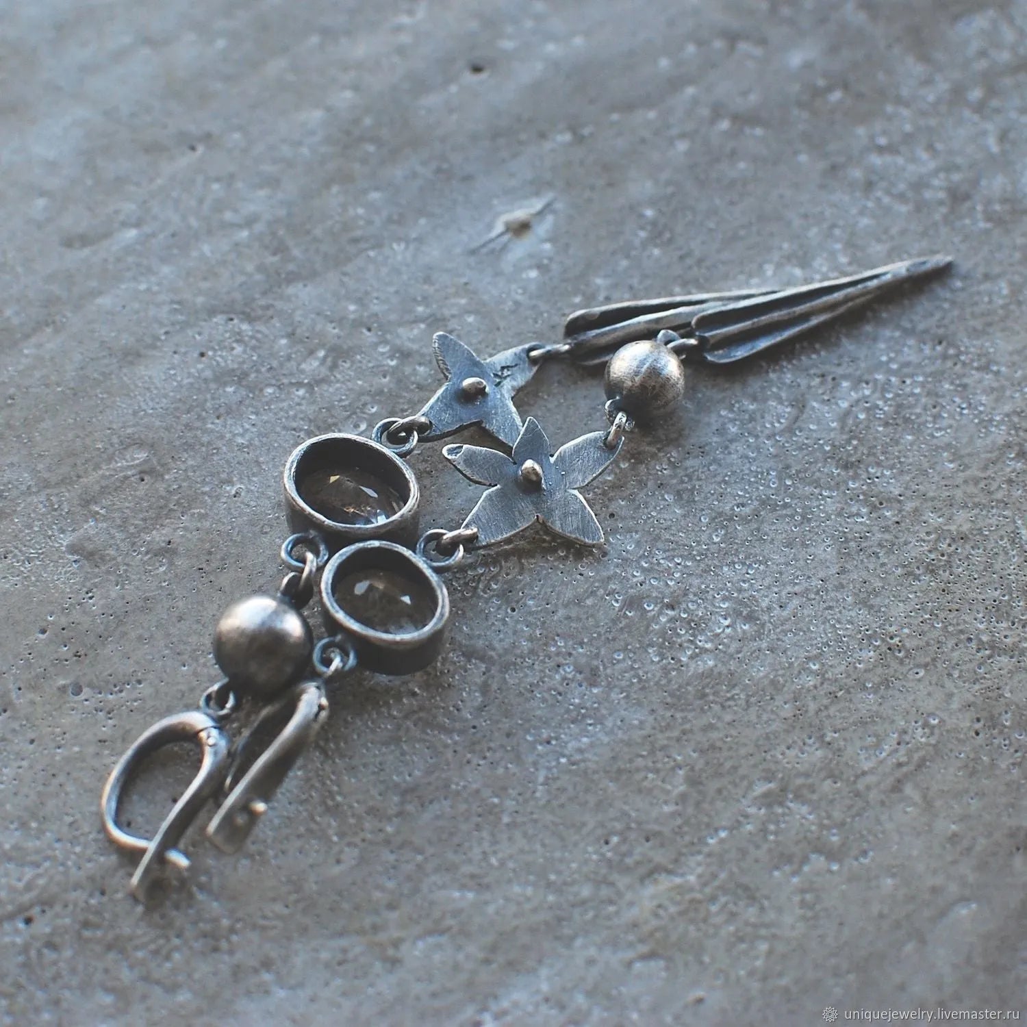 Hesheng geometric long drop earrings in antique silver with rhinestones on XINGX pendant