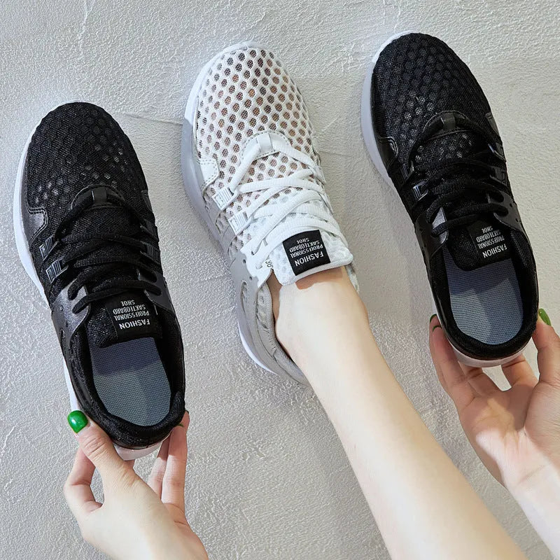 Breathable hollow out mesh sneakers in black and white colour options showing mesh upper construction