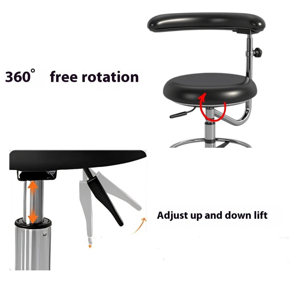 Black leather dental nurse chair with hydraulic lift mechanism for dental surgery positioning