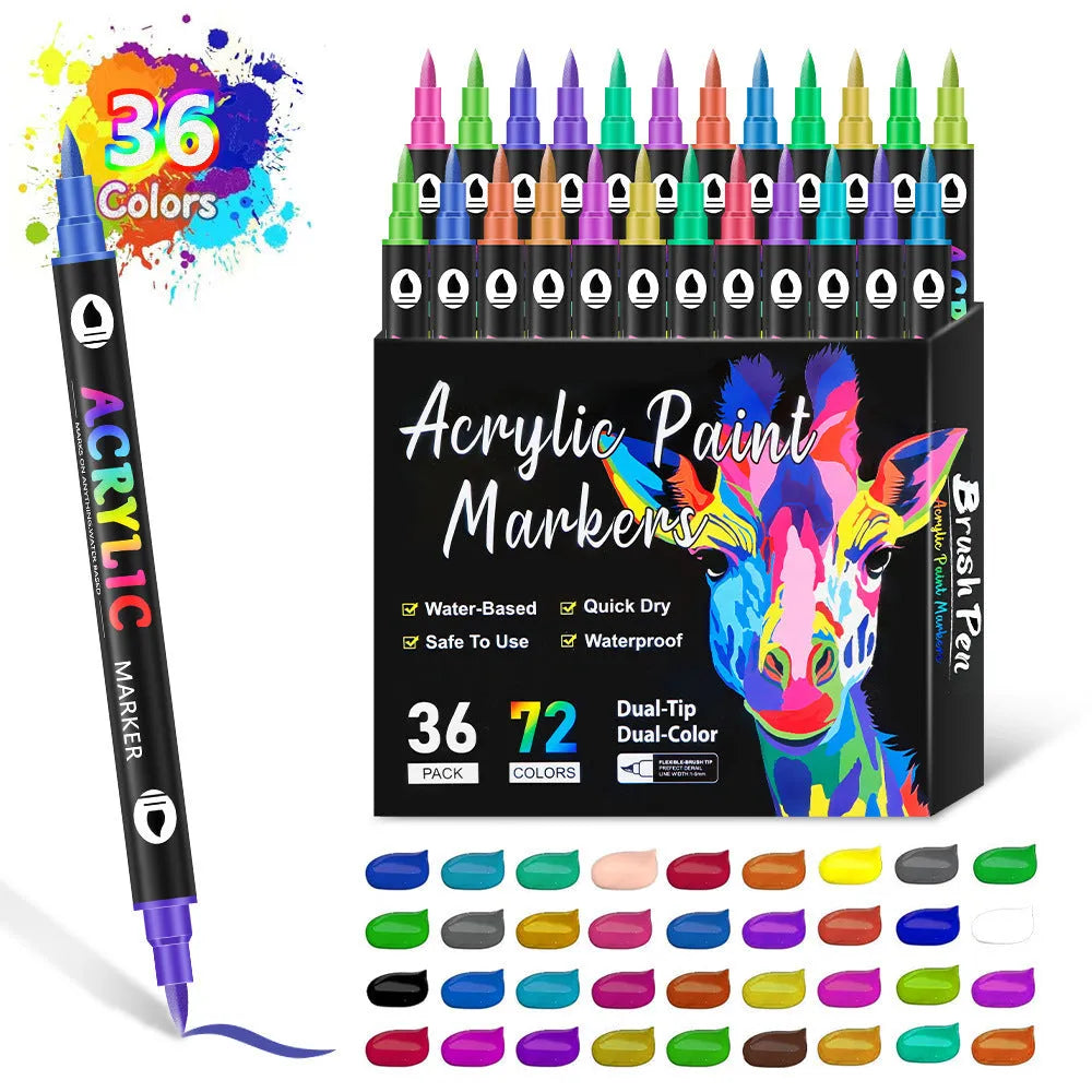 Set of double-headed acrylic marker pens showing both tips, with opaque washable ink in multiple colours.