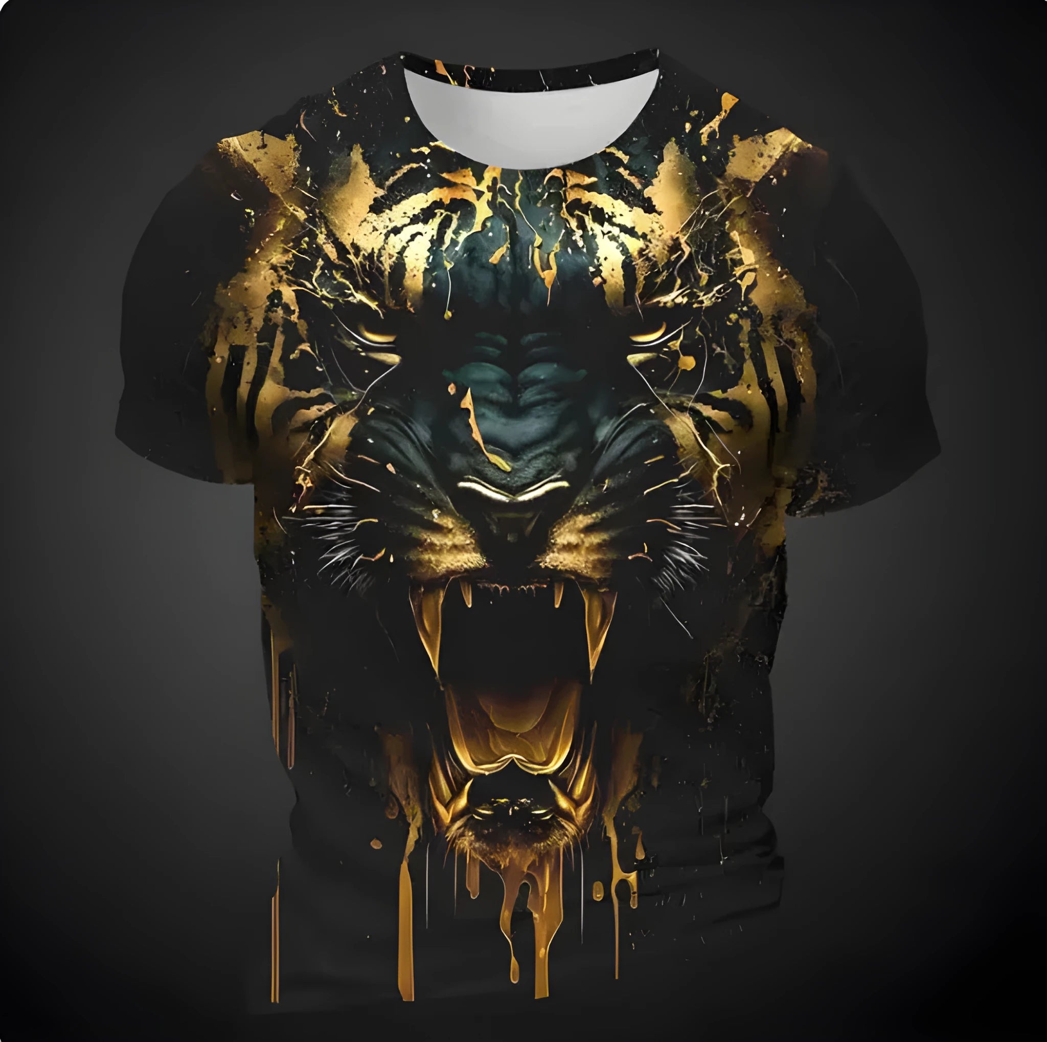 Men's 3D tiger pattern T-shirt in polyester with short sleeves showing digital printing detail