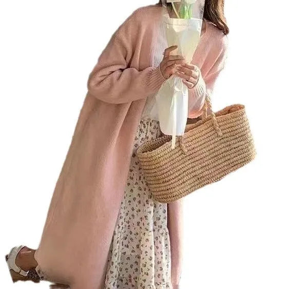 Women's mid-length V-neck knitted cardigan in loose fit free size, shown in khaki colour