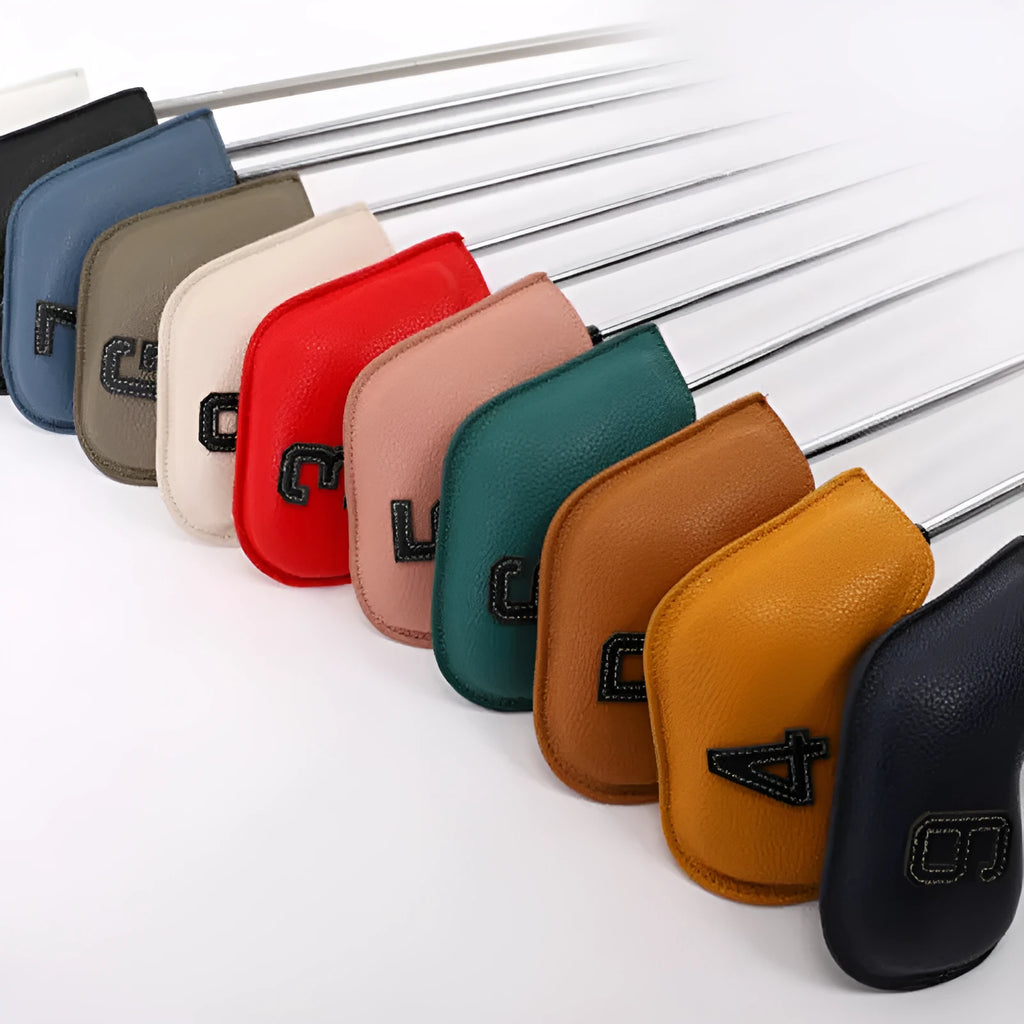 Set of ten digitally printed PU leather golf club head covers in assorted colours.