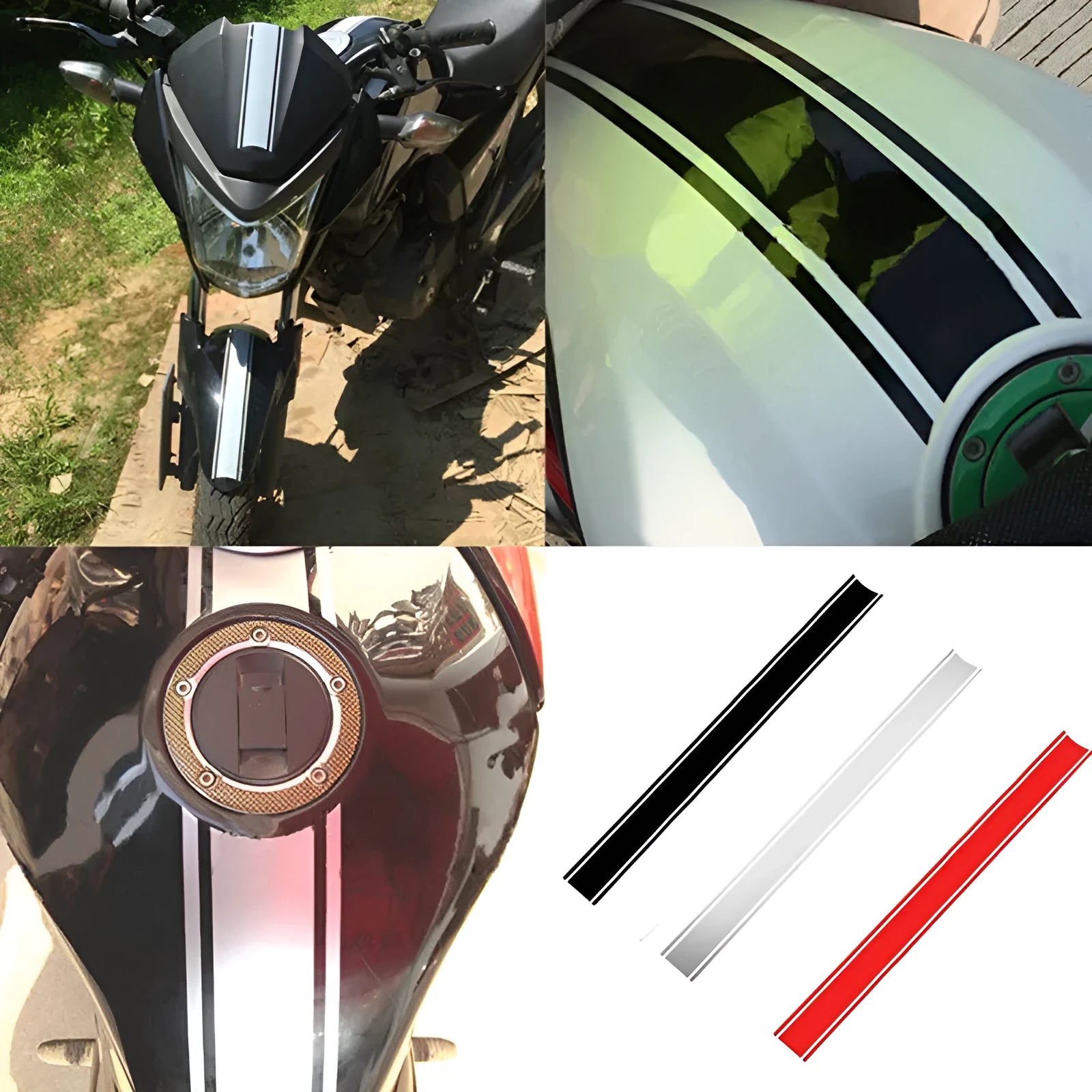 Long black and silver reflective pinstripe motorcycle sticker for gas tank lid customisation.