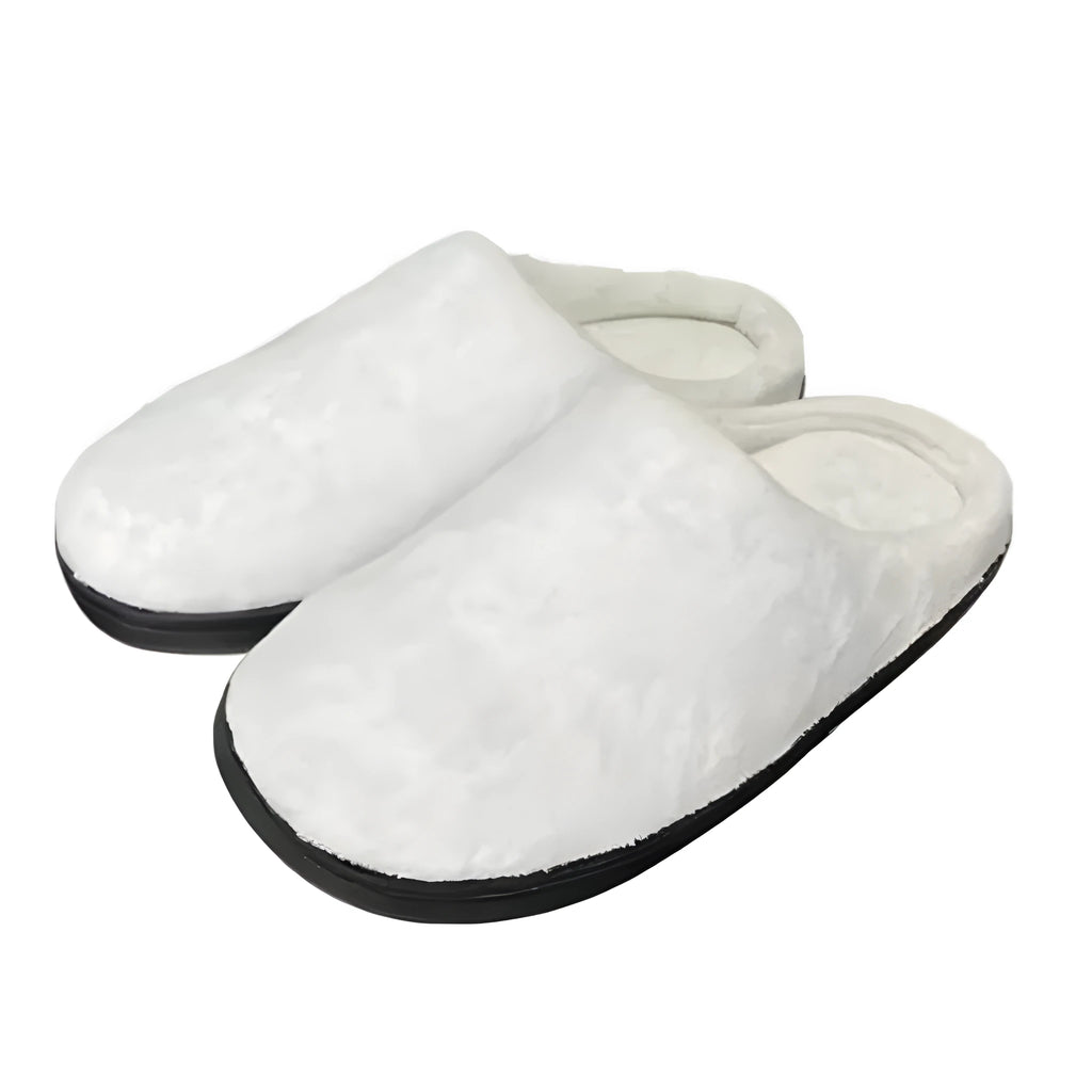 A pair of pattern printed flannel slippers with a TPR sole, shown in a customisable colour.